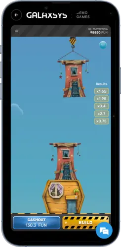 Imagen del juego Tower Rush en acción, con la grúa soltando un piso y los botones de cobro y construcción activos.